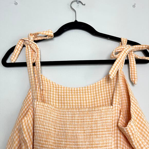 Old Navy Tie-Shoulder Smocked Gingham Cami Babydoll Swing Blouse Orange M Tall - Picture 4 of 5